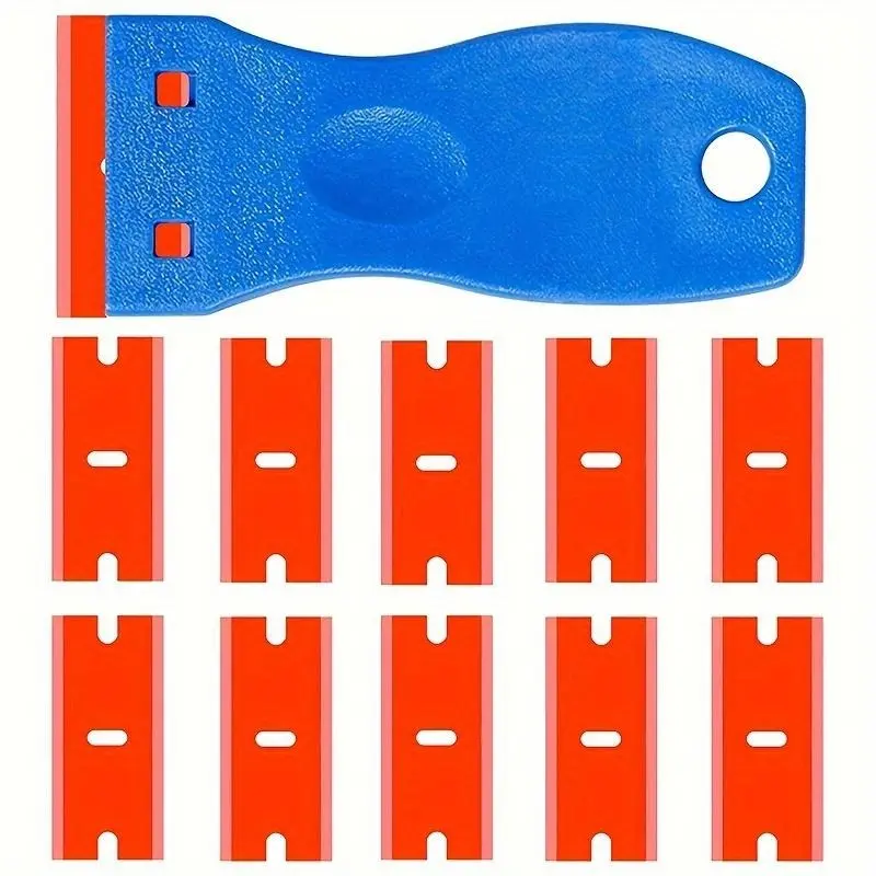 Set Of 11 Shawty Plastic Razor Blade Scrapers: 10PCS Blades & Contoured Grip for Sticker, Decal, Adhesive, Label, Paint, Glass, Car, Window, Stove Top & Caulk Removal!