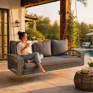 69" ARCH GO PE Wicker 3-Person Patio Swing Chair, Large Cushioned Outdoor Living Furniture Porch Swing Bench with Chains, for Backyard, Garden, Gray