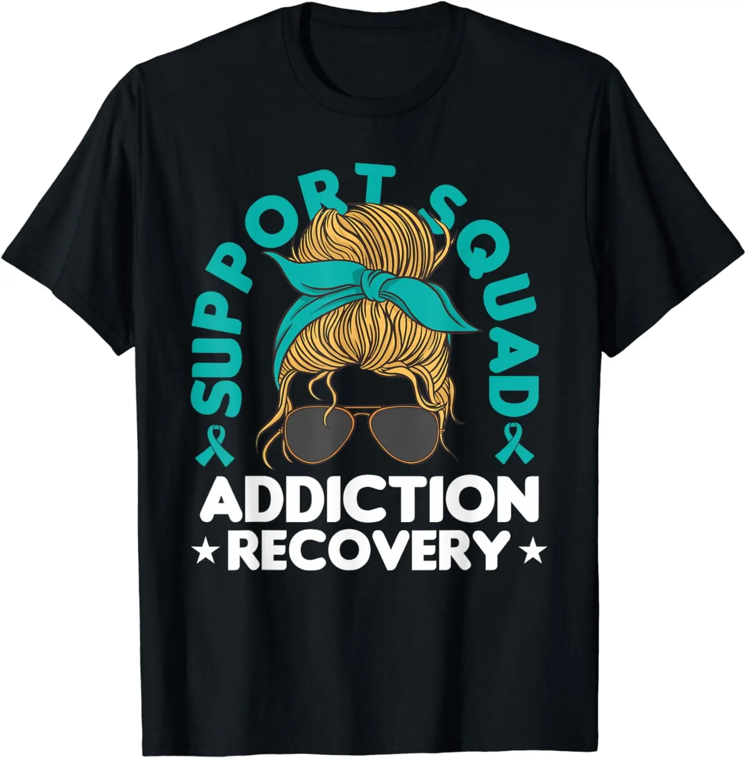 Women's Vintage Graphic Short-Sleeve T-Shirt - Addiction Recovery Awareness Teal Ribbon, Addiction Theme, Streetwear, Playful Look, Everyday Casual Top, Wide Range of Sizes