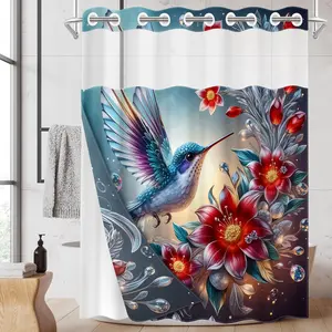 1PC/4PCS 2D Flat Printing Spring Blue-Purple Hummingbird Red Flowers Printed Shower Curtain set with 12 hooks, home bathroom decor, Bathroom Decoration Accessories, non-slip bathroom rug, U-shaped toilet seat cover