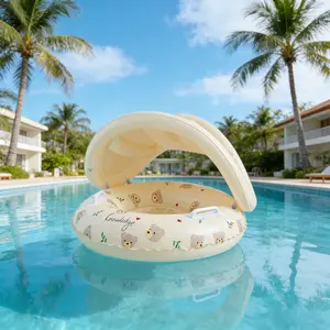 Bear & Rabbit Design Kids Swim Ring with Sun Canopy & Handles, INS Style Cute Inflatable Float, Sunshade Baby Swim Ring & Floating Mat, Perfect for Beach Trips & Pool Parties