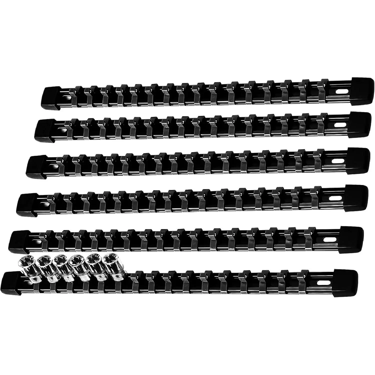 AMM 6-Pcs 1/4" Drive Socket Organizer - Heavy-Duty Plastic Rectangular Garage Tool Storage Rack, Clip Rail Holder, Toolbox Accessory, Holds 96 Sockets, Easy Home Organization Solution
