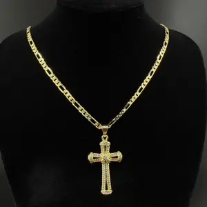D'Luxe Essentials 14K Gold Plated European & American Style Zirconia Cross Pendant Necklace Unisex Fashion Jewelry