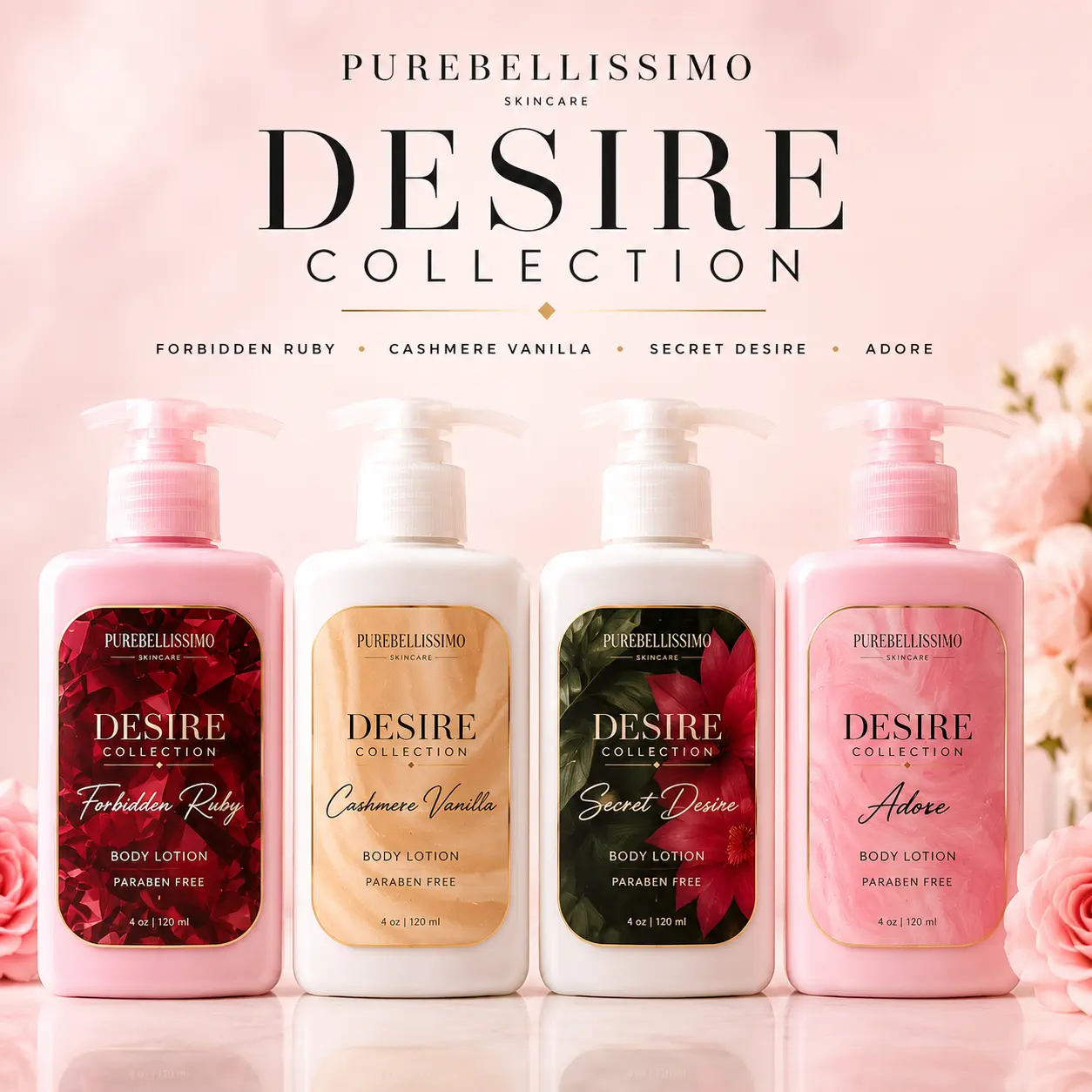 Desire Collection Body Lotion Set (4 Scents) - Hydrating Shea Moisturizer, Soothing Formula for Soft Glowing Skin, Ideal for Body Care, Selfcare & Wellness, Body Milk Lotion, Luminous Body Lotion