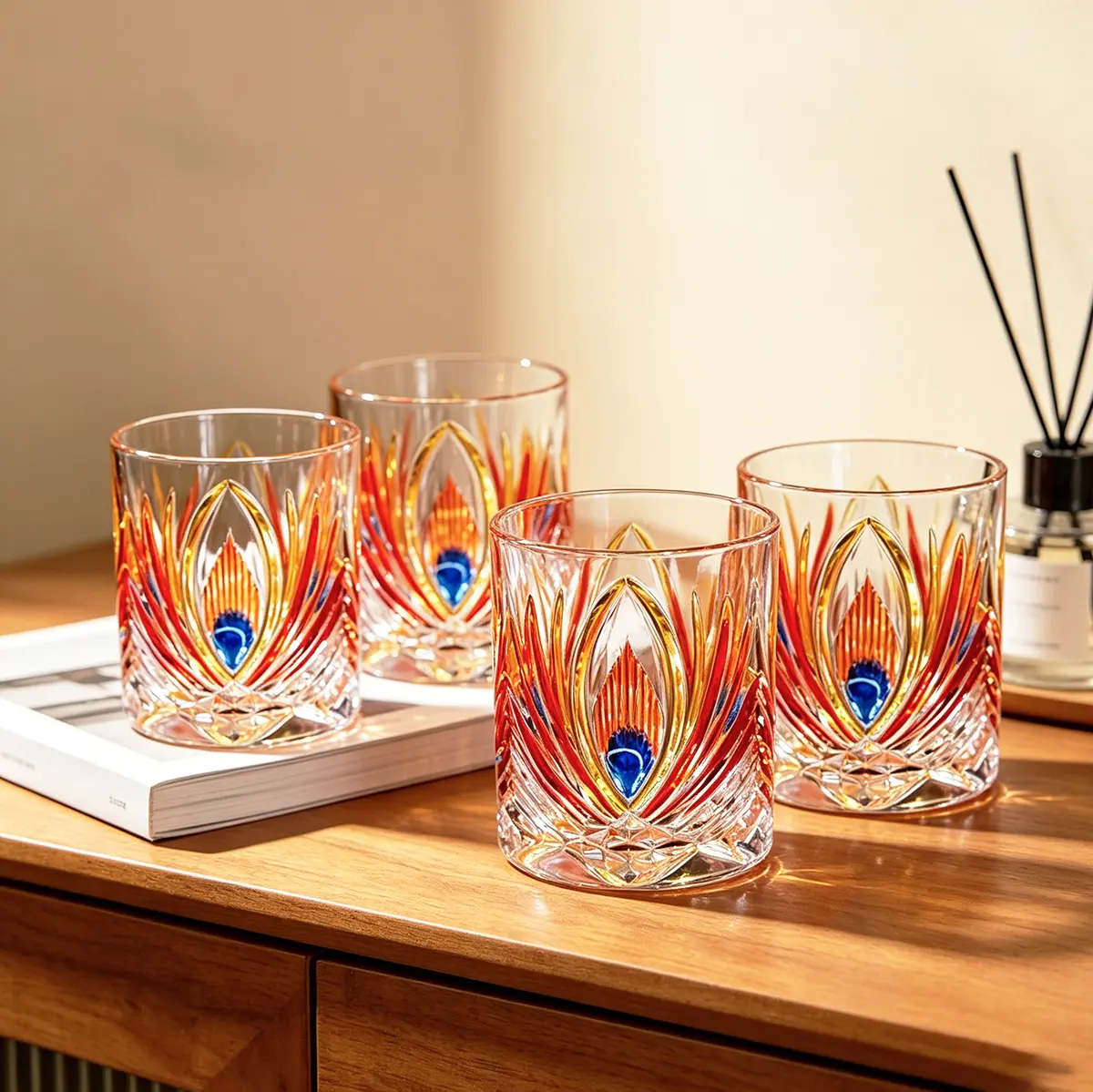 Vintage Peacock Pattern Whiskey Glasses, Colorful Old Fashioned Rocks Tumblers with Thick Base for Bourbon, Scotch and Cocktails, Home Bar and Wedding Gift