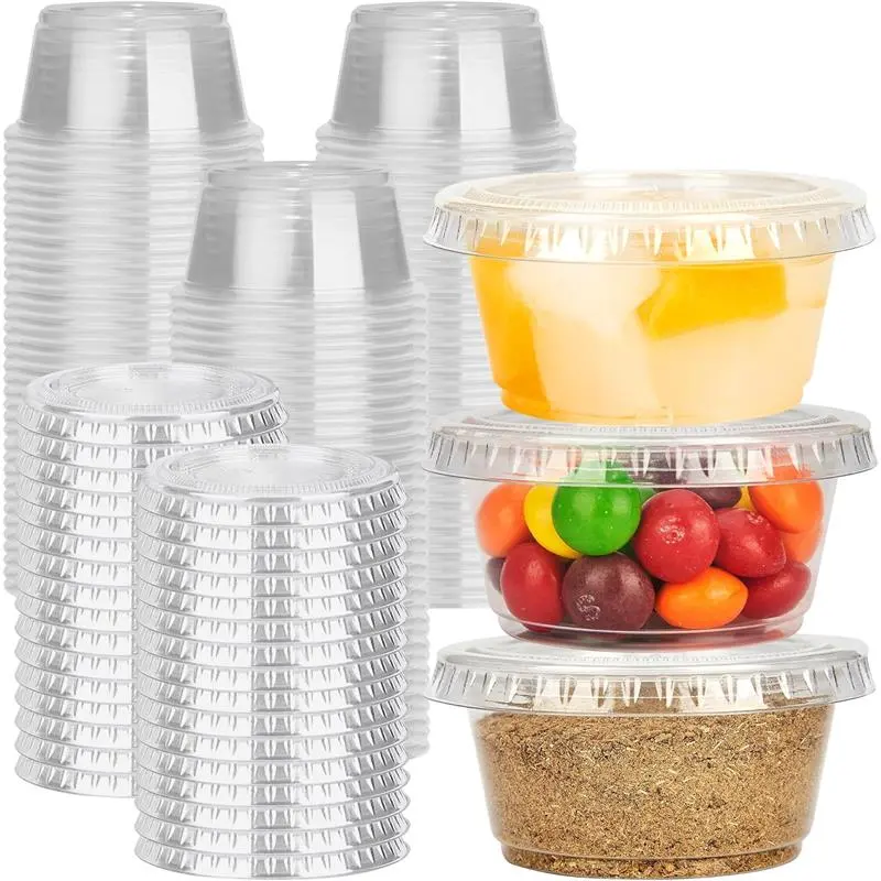 100 Sets - 2 oz Jello Shot Cups with Lids, Clear Disposable Plastic Cups for Meal Prep, Salad Dressing, Soufflé, Portion Containers