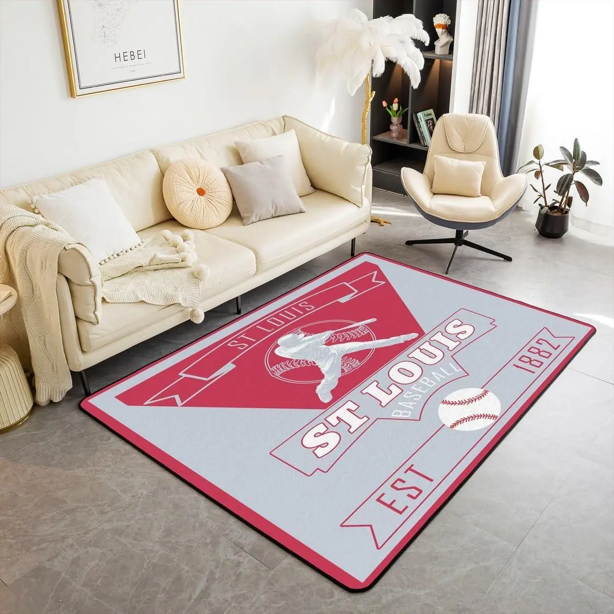 Boys Baseball Area Rug Polyester St.Louis Living Room Rugs for Bedroom Baseball City Decor Carpet Sports Game Indoor Floor Mat Soft Non-Slip