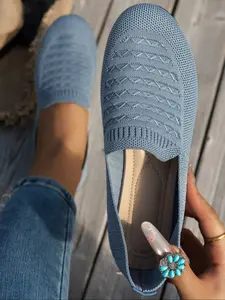 Women's New Round Toe Knit Ballet Shoes, Plain Design, Triangle Ripple Pattern, Breathable Mesh, Slip-On Comfort, Casual Daily Wear