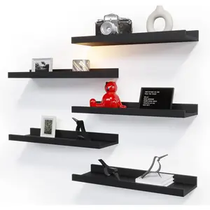 5 Set Floating Wall Mounted Shelves, Black Shelves for Wall Decor, Modern Picture Ledge Shelf with Lip for Storage, , Bedroom, Living Room, Bathroom - Black Wooden Minimalist Racks