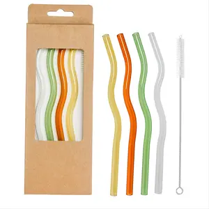 Wavy Glass Straw Set, Glass Straw Drinkware, 4 Counts Reusable Colorful Glass Straw and  1 Count Cleaning Brush Set, Heat Resistant Straw for Smoothies, Tea, Coffee, Juice, Cocktails