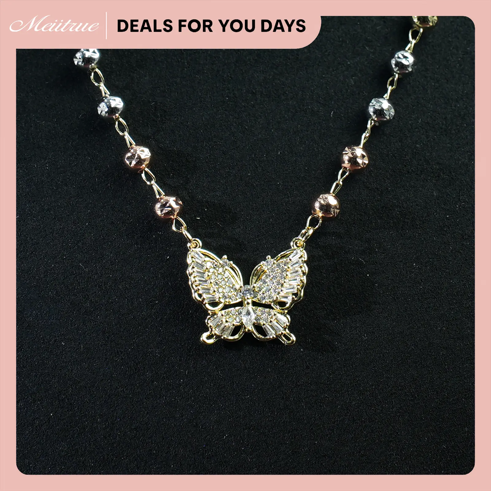 MEIITRUE Nature Energy Series Butterfly Dance 14K Gold Plated Pendant Necklace Tri-Color Bead Rhinestone Necklace for Daily Party, Trendy Jewelry Gift for  You She and Her