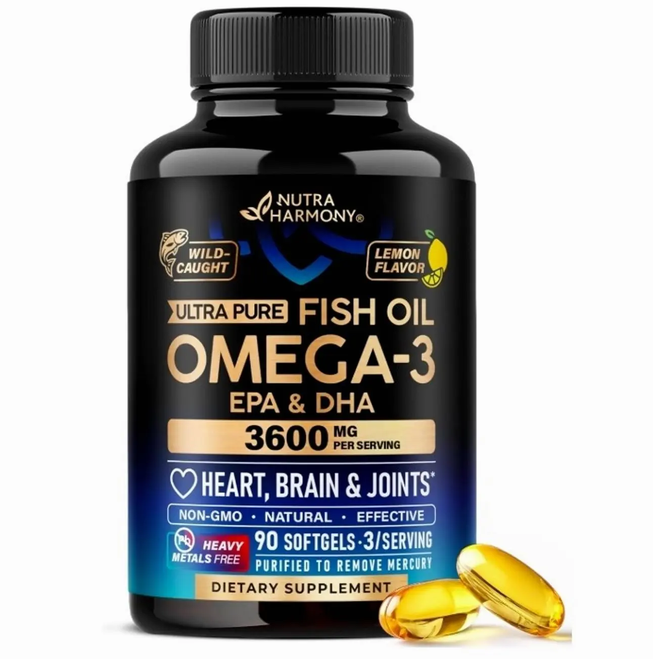 Omega 3 Fish Oil 3600 mg - Omega 3 Supplement for Men & Women - 90 Softgels | Omega 3 EPA & DHA - Heart, Brain & Joint Support - Purified Fish Oil | Heavy Metals Tested - Lemon Flavored