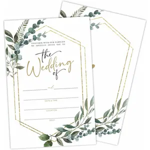 Greenery Wedding Invitations, 25 Eucalyptus & Golden Geometry Wedding Invites With Envelopes, Fill In Style Invites For Newlyweds Mr & Mrs Celebration - A04