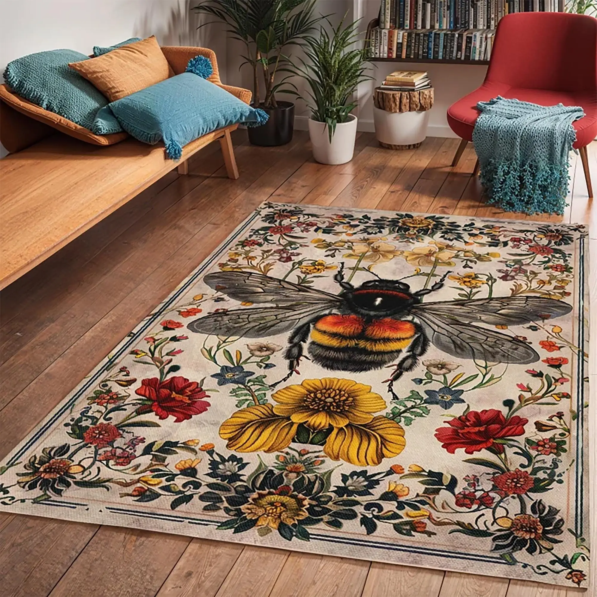 Bee & Flower Pattern Floor Mat, Non-slip Soft Floor Carpet, Decorative Area Rug for Home Living Room Bedroom, Home Decor, Floral Area Rug, Flower Patt