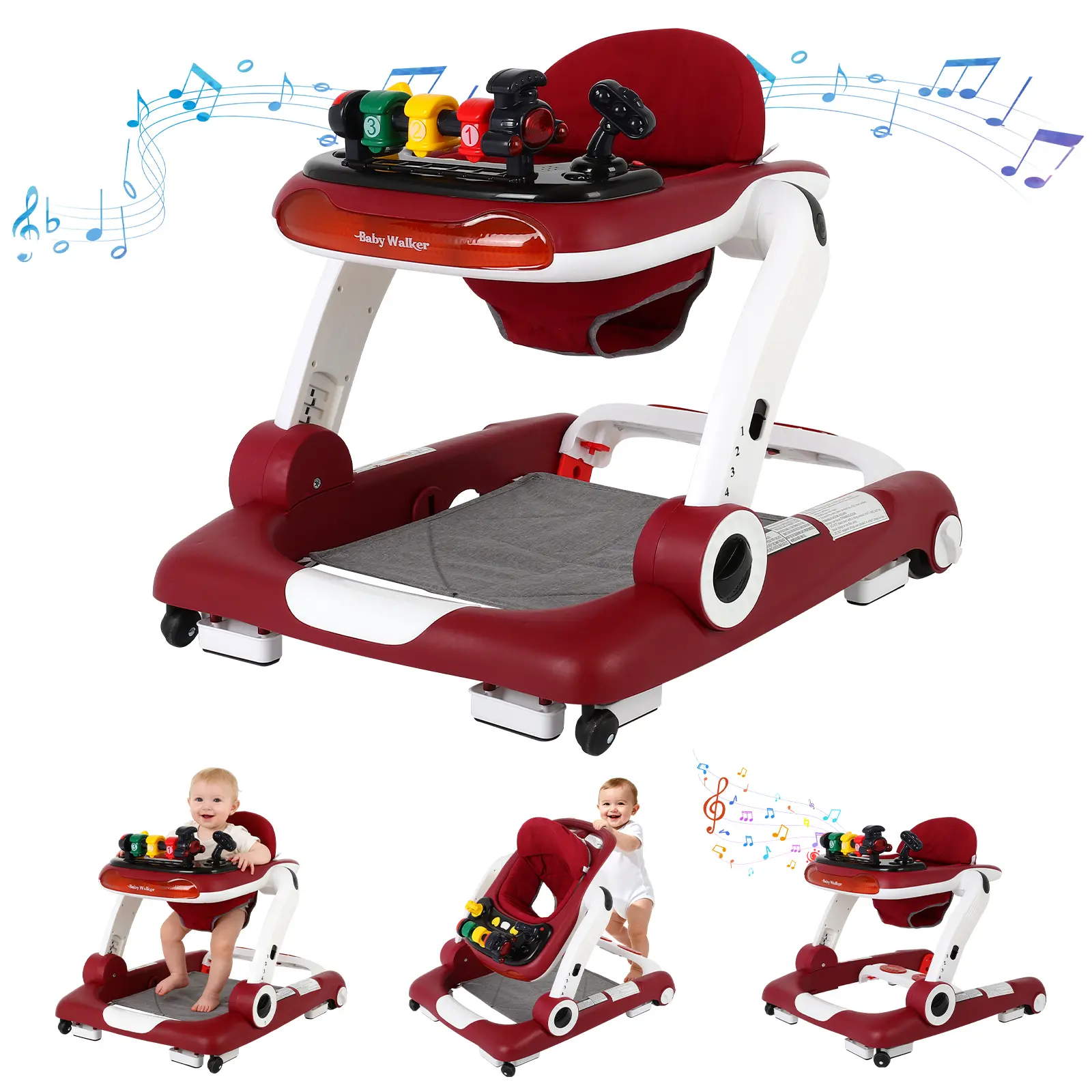 6-in-1 Baby Walker, Foldable Activity Walker with Adjustable Height & Speed, Music, Lights, Anti-Rollover, Toddler Push Walker, Baby Walker with Wheels for Boys & Girls 6-18 Months