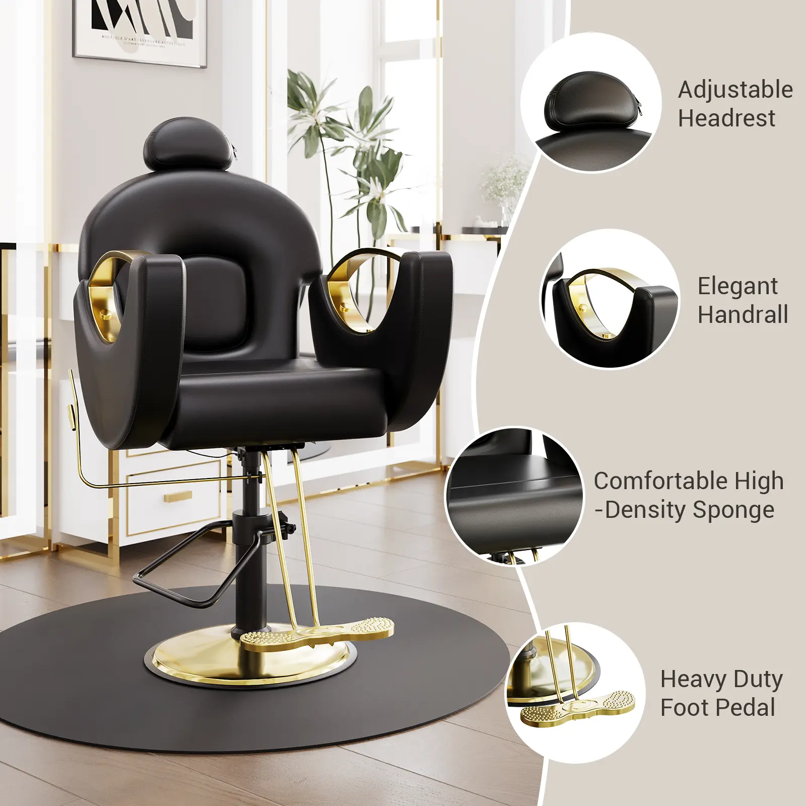 Barber Chair for Hair Stylist, Height Adjustable Hydraulic Reclining Hair Chair, 360 Degrees Rolling Swivel Salon Chair, Multi-Function Beauty Salon Spa Equipment for Barbershop, Black