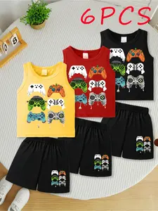 6Pcs,Boys' Cartoon Print Vest Shorts Set,Kids Clothing, Breathable Comfort for Spring Summer, Casual Sports, Perfect Holiday Gift