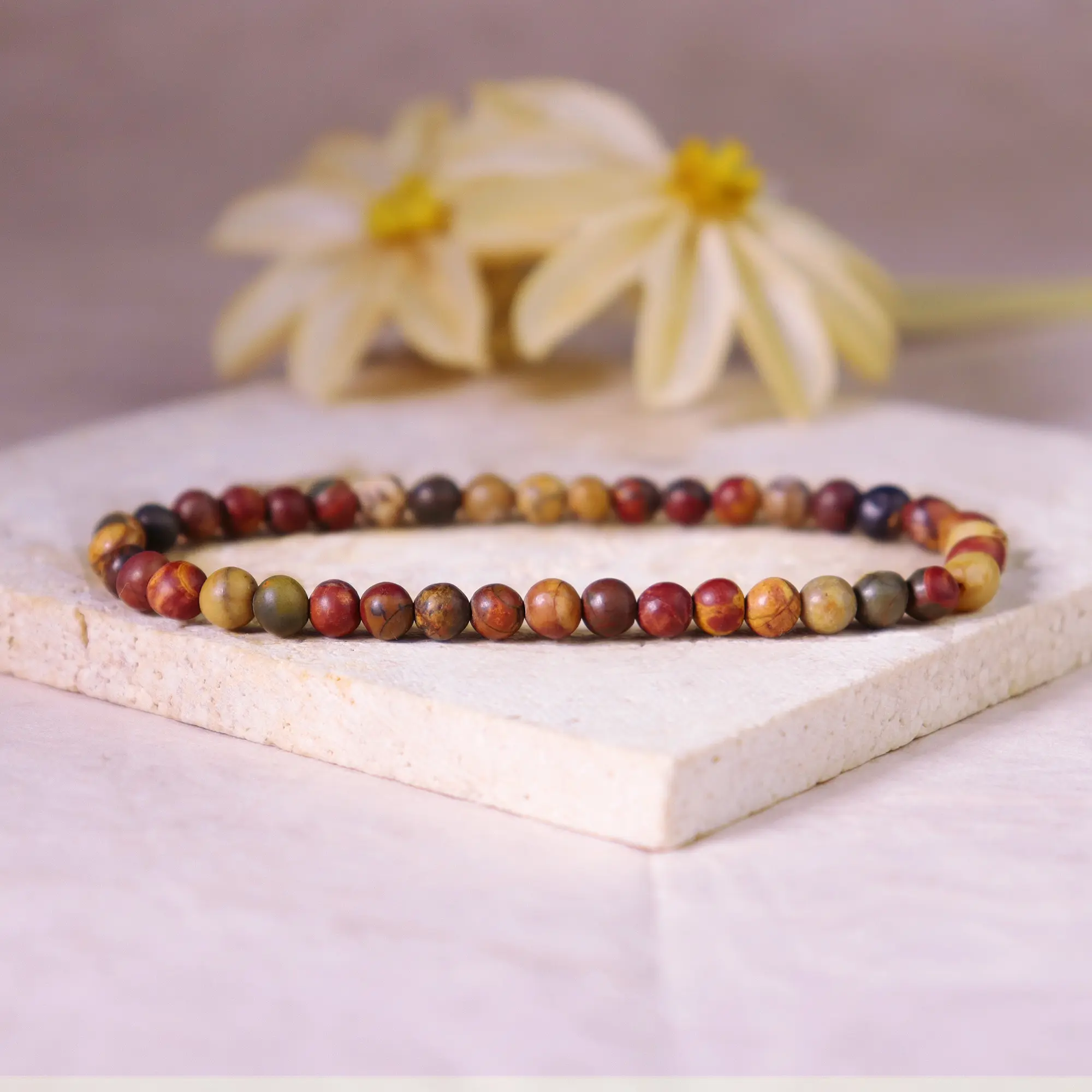 Handmade Natural Red Creek Jasper 4mm Stretchy Bracelet for Men-Women, Picasso Jasper Beads, Grounding, Stress Relief, Protection, Relaxation, Quick Thinking Crystal Jewelry
