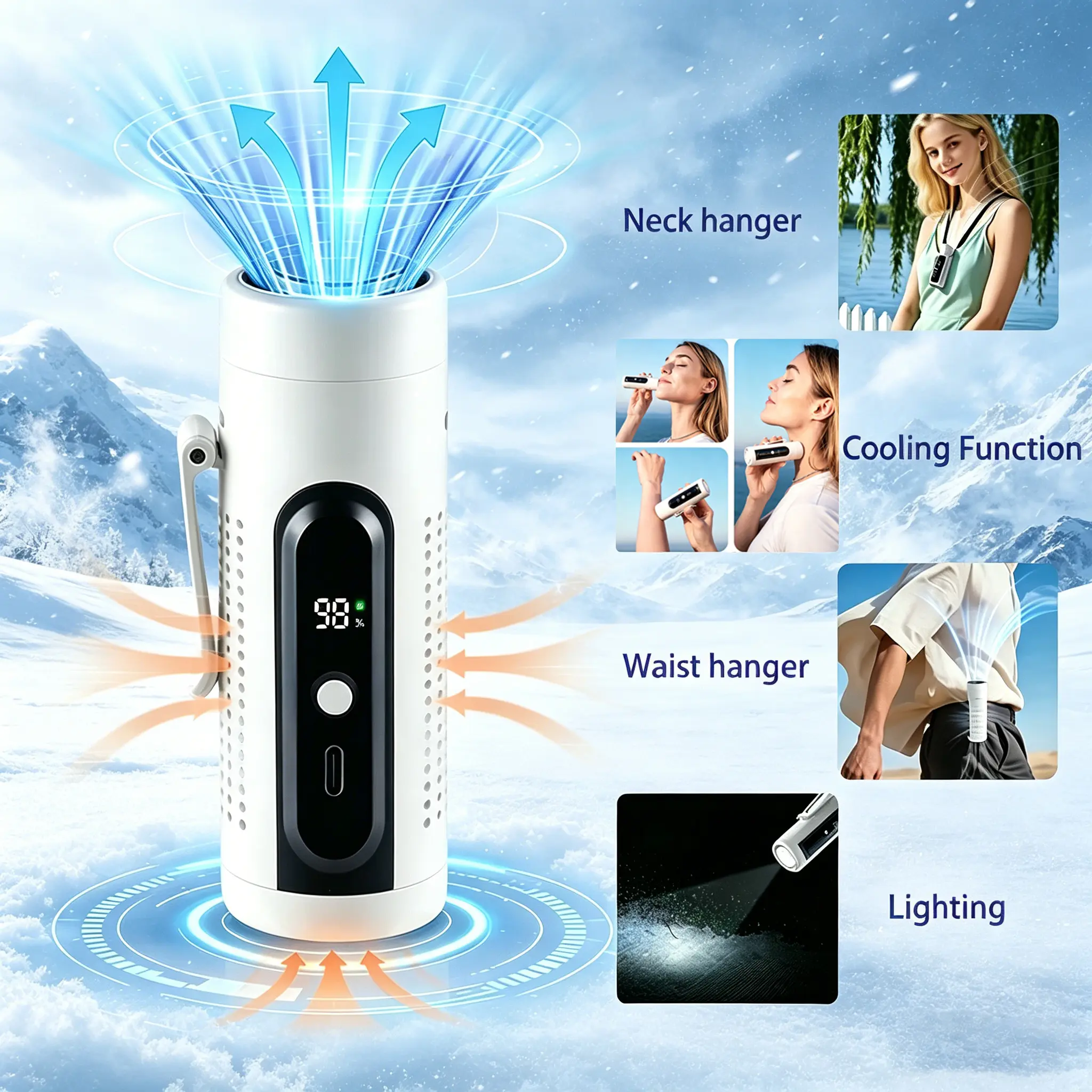 Portable Handheld & Wearable Cooling Fan, USB Rechargeable 5000mAh Battery, 20000RPM Brushless Motor, 5 Wind Speeds with LED Light, Clip-On for Belt, Neck & Desktop, Personal Cooler for Indoor, Outdoor, Camping, Travel, Night Walking, Jogging & Fishing