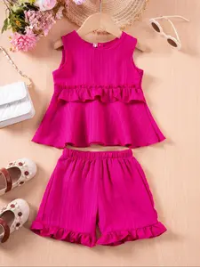 Toddler Girl's Textured Frill Ruffle Trim Two-piece Gift Set, Sleeveless Keyhole Neck Tank Top & Elastic Waist Shorts, Casual Summer Outfits for Kids, Baby Clothing, Clothes