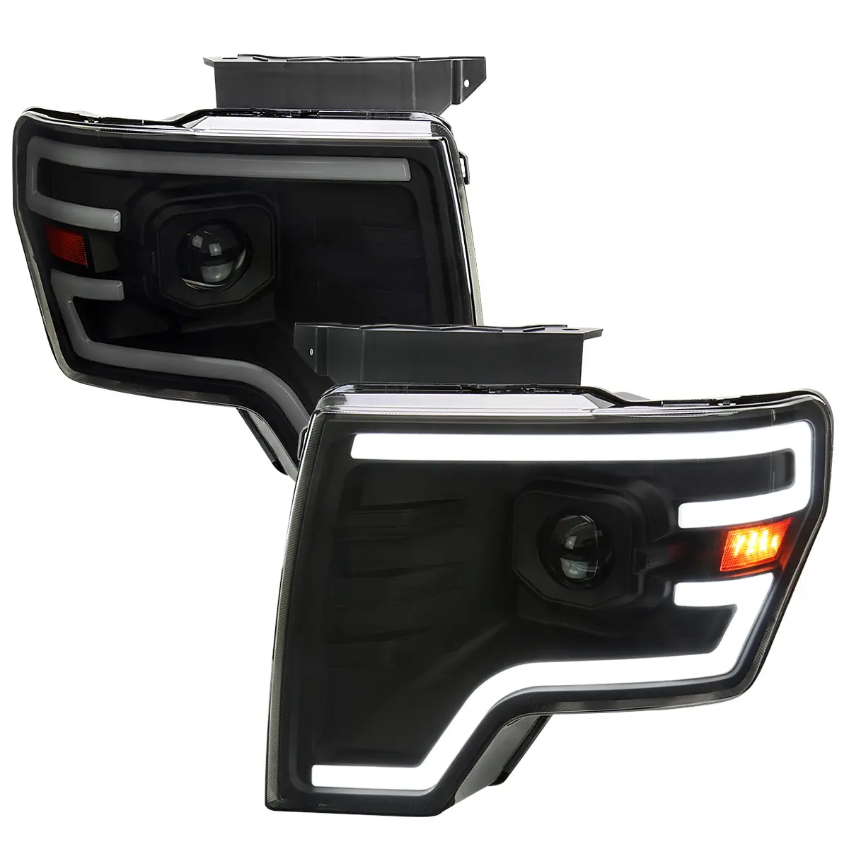 2009-2014 Ford F-150 Switchback Sequential LED Turn Signal Projector Headlights (Matte Black Housing/Smoked Lens)