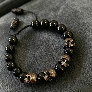 Men's Black Obsidian Skull Bead Bracelet, Adjustable Woven Natural Stone Bracelet, Punk Gothic Bracelet