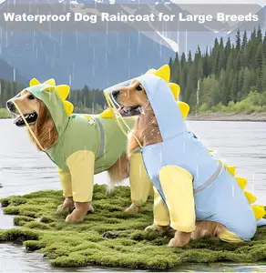 Waterproof Dog Raincoat for Medium Large Dogs, Cute Dinosaur Full Body Dog Rain Jacket with Hood Reflective Strips Built-in Leash Buckle