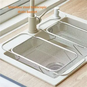 Mobo Japanese Stainless Steel Telescopic Drain Basket for Kitchen Sink Extendable Dishwashing Basin Vegetable Washing Sink Ideal for Dishware Storage Utensils