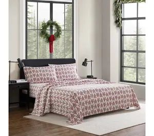 Eddie Bauer Jol ly Trees Red Co tton Flannel Ki ng Sheet Set