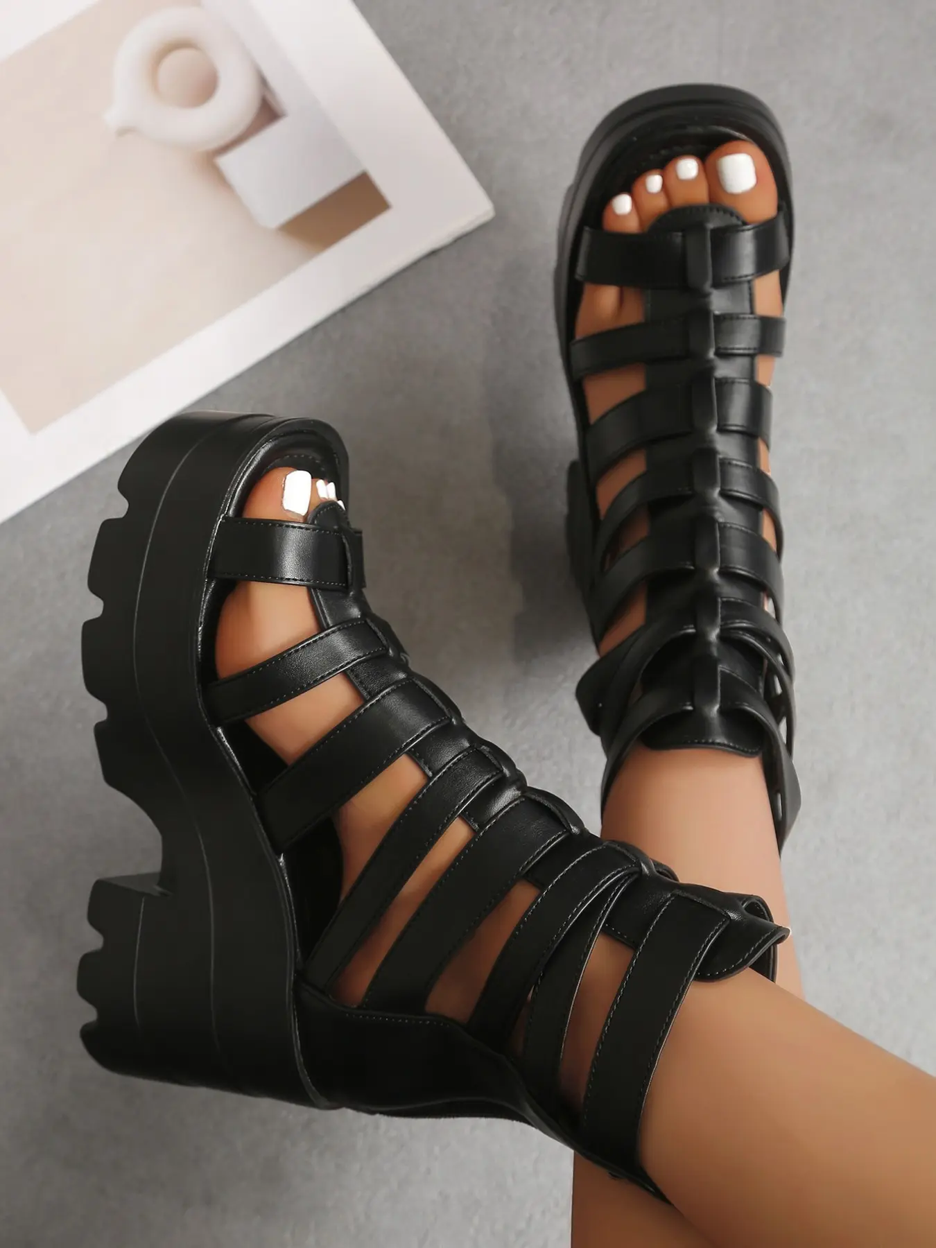 Women's 9.5CM Comfortable Casual Chunky Heel Flatform Gladiator Ankle Sandals, Gothic Y2K Punk Style, PU Leather, Cutout Straps, Back Zipper, Non-Slip Sole, For Rave, Festival, Cosplay, Streetwear, Fashionable Footwear