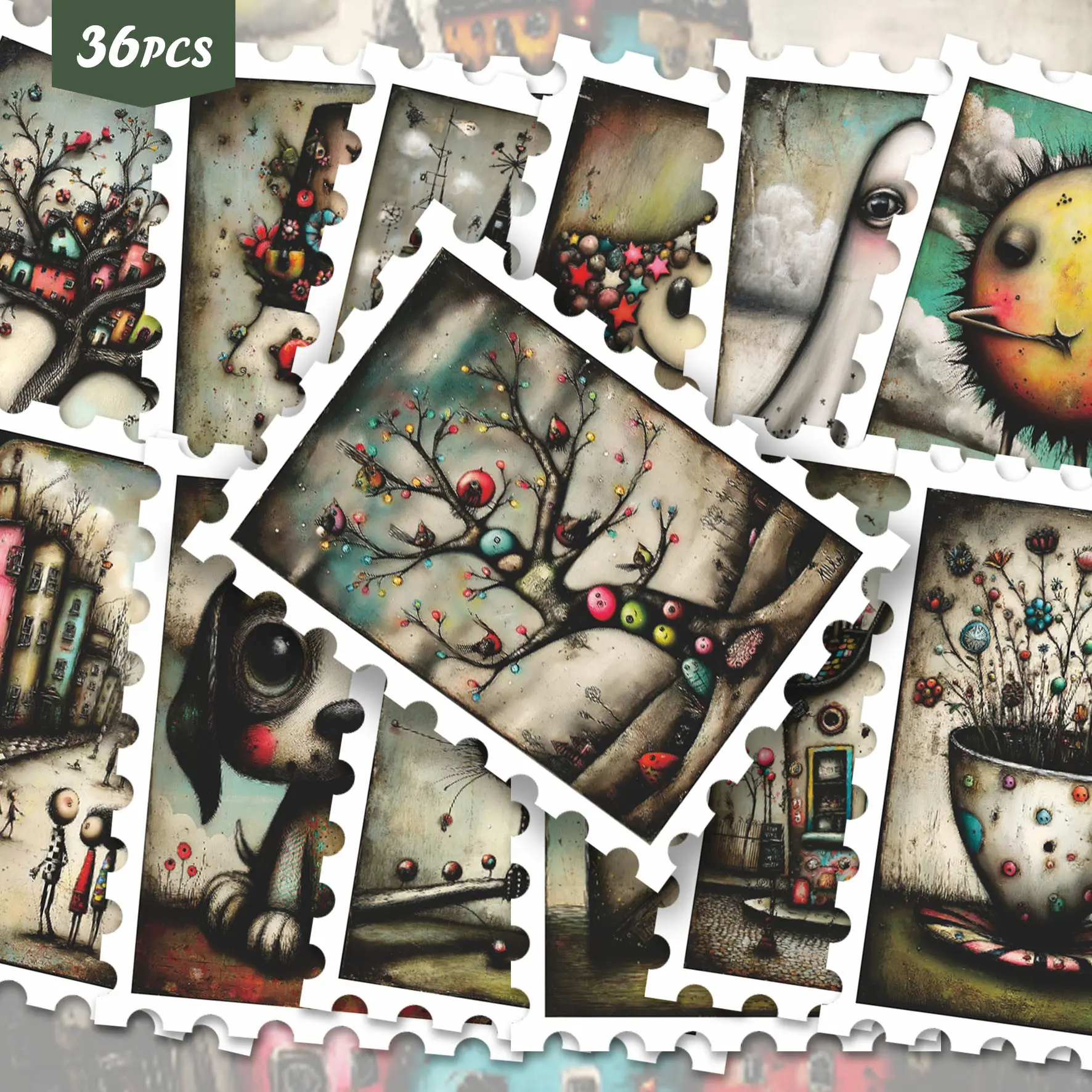 36pcs Whimsical Dark Fairy Tale Style Stickers Pack Decorative Stickers | Gentle Vinyl Decals with Colorful Houses & Quirky Creature Designs | for Laptop, Water Bottle & Gift | for Art Lovers & Eccentric Vibe Enthusiasts