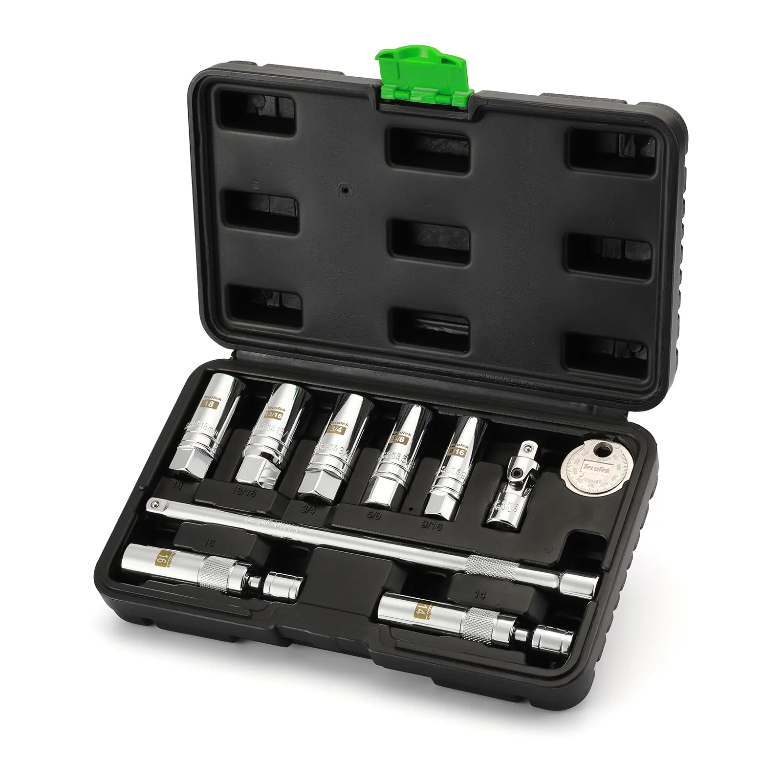 10PCS CR-V Magnetized Socket Kit, 3/8" Drive Spark Plug Socket Set with Swivel, Universal Joint & 10" Long Extension Bar, In (9/16",5/8",3/4",13/16") & mm (14,16,18) Sizes for DIY Users