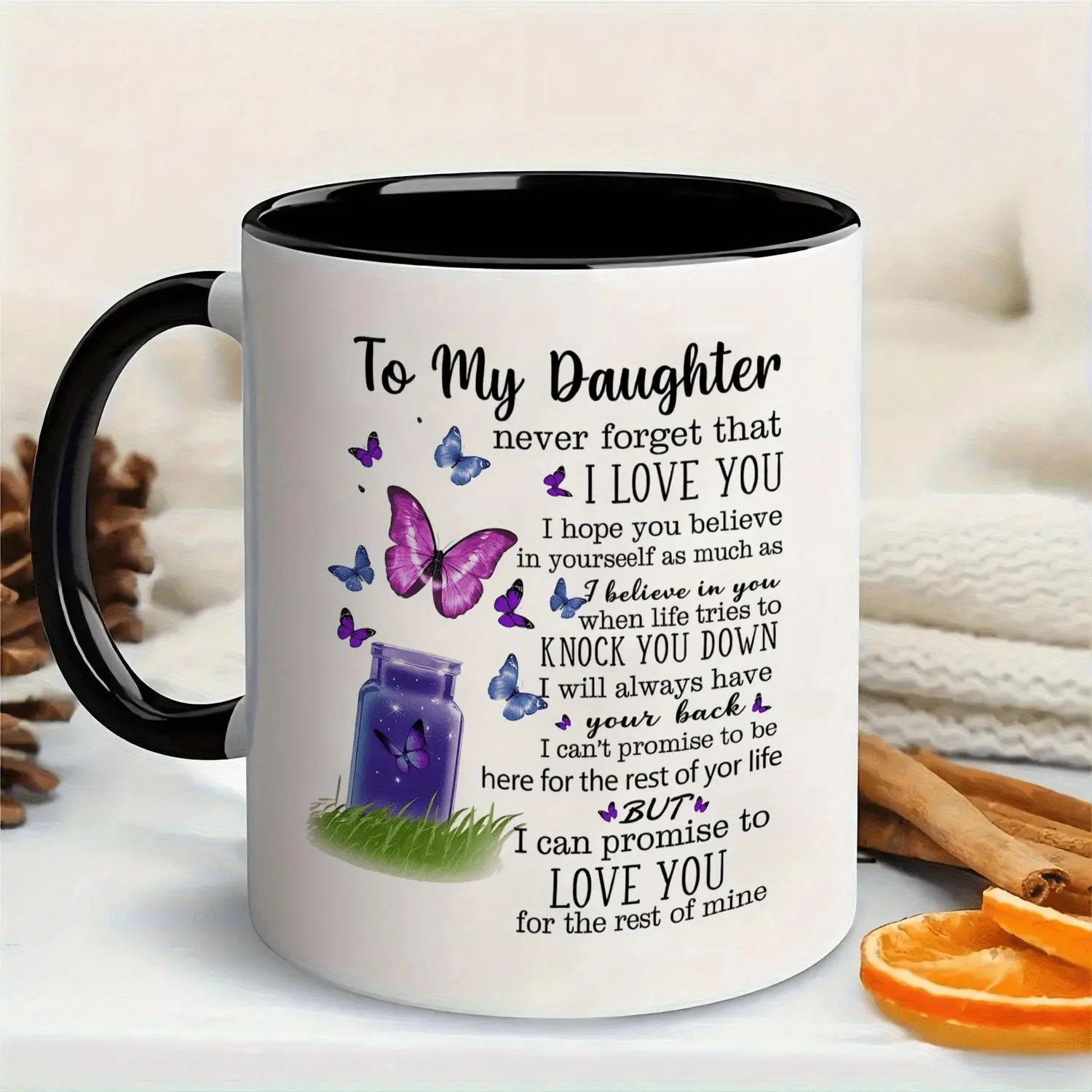 1pc, 11 Ounce, Ceramic Coffee Mug/Tea Cup, Featuring The Heartfelt Message "To My Daughter, Never Forget That I Love You" Along with Butterflies And Jar Design, A Cherished Gift for Daughters, Perfect for Birthdays Or Christmas