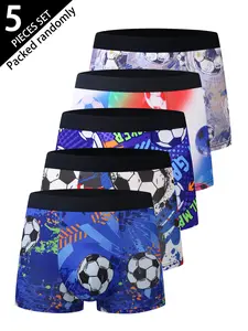 Men's Football Print Briefs Set, Breathable High Elasticity Mid-Waist Casual Underwear, Youth Trendy Four-Sided Pants, 5-Pack Random Design