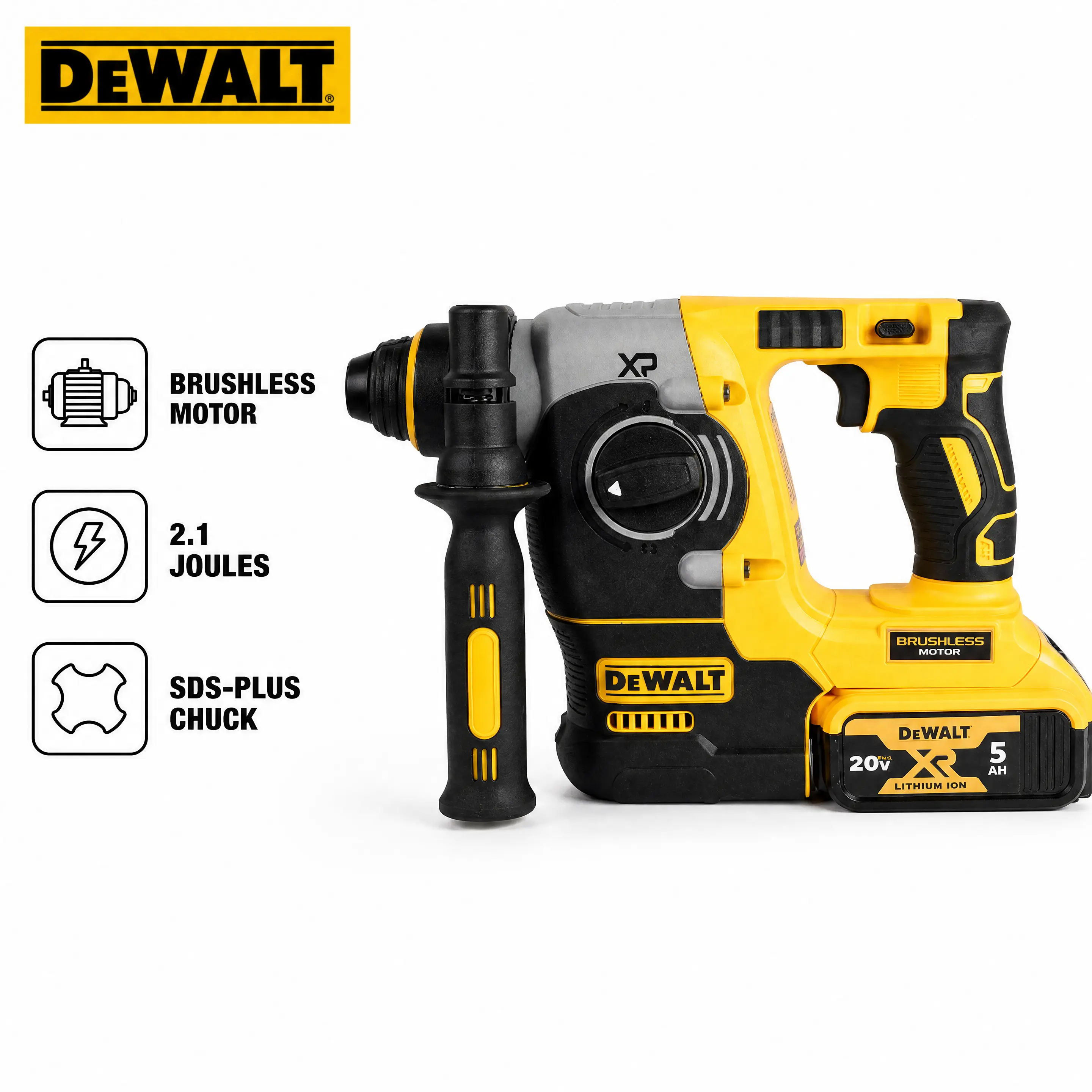 DEWALT DCH273 Brushless Rotary Hammer,Designed With Retractable Hook And Multi-Position Auxiliary Handle,Achieves Stable Drilling Performance For Multiple Materials,Equipped With Safety Protection System And Delayed Lighting For Dim Working Environments