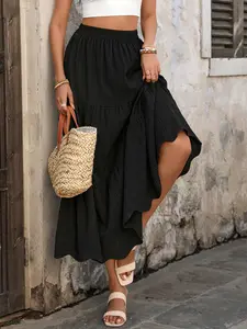 Women's Summer High Waist A-Line Bohemian Skirt, Boho Multi-Layer Ruched Design, Elastic Waistband, Versatile for Commuting and Dates