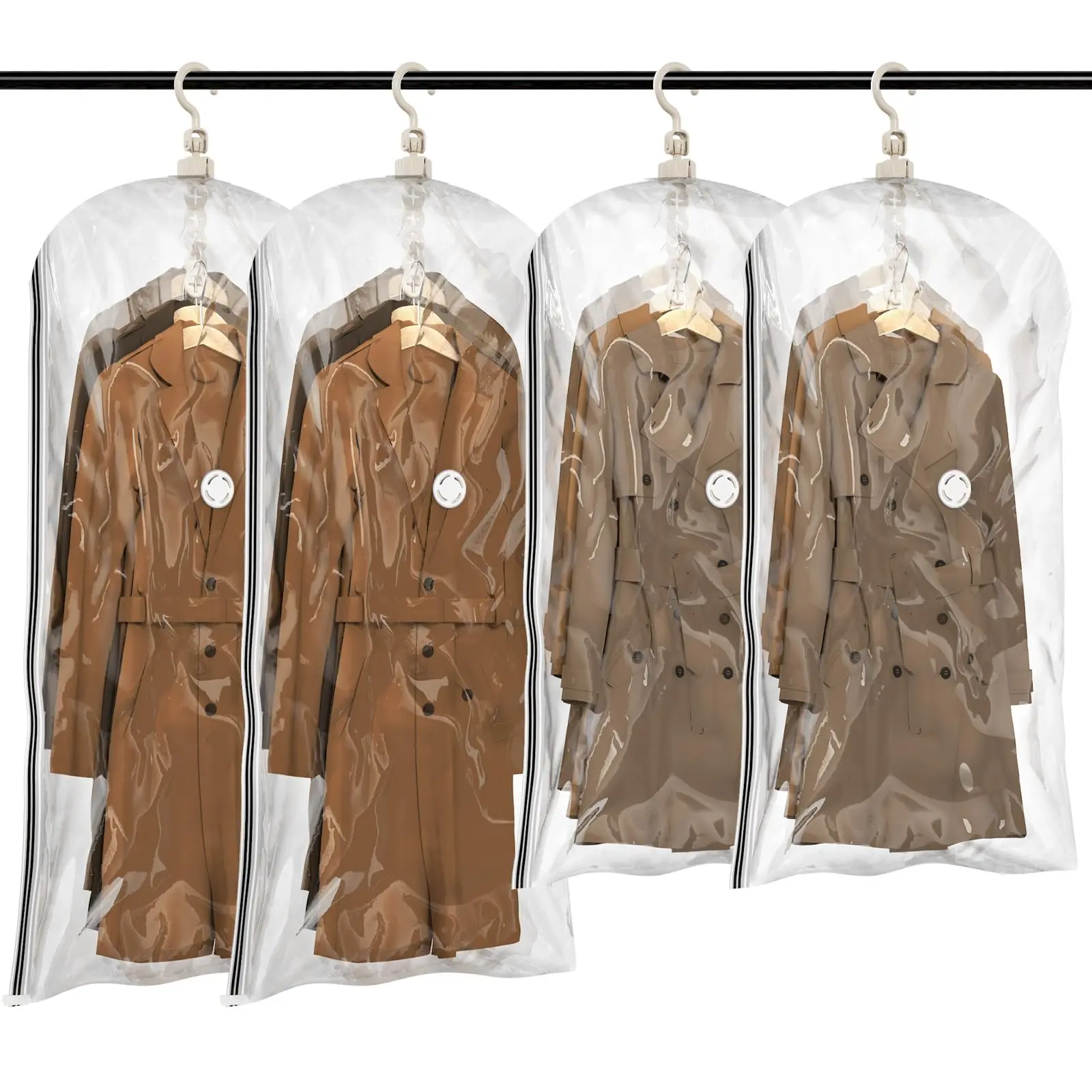 4 Pack Hanging Vacuum Storage Bags for Clothes, Long Clear Garment Vacuum Seal Bags with 4 Sealing Clips for Coats, Suits, Dresses and Jackets