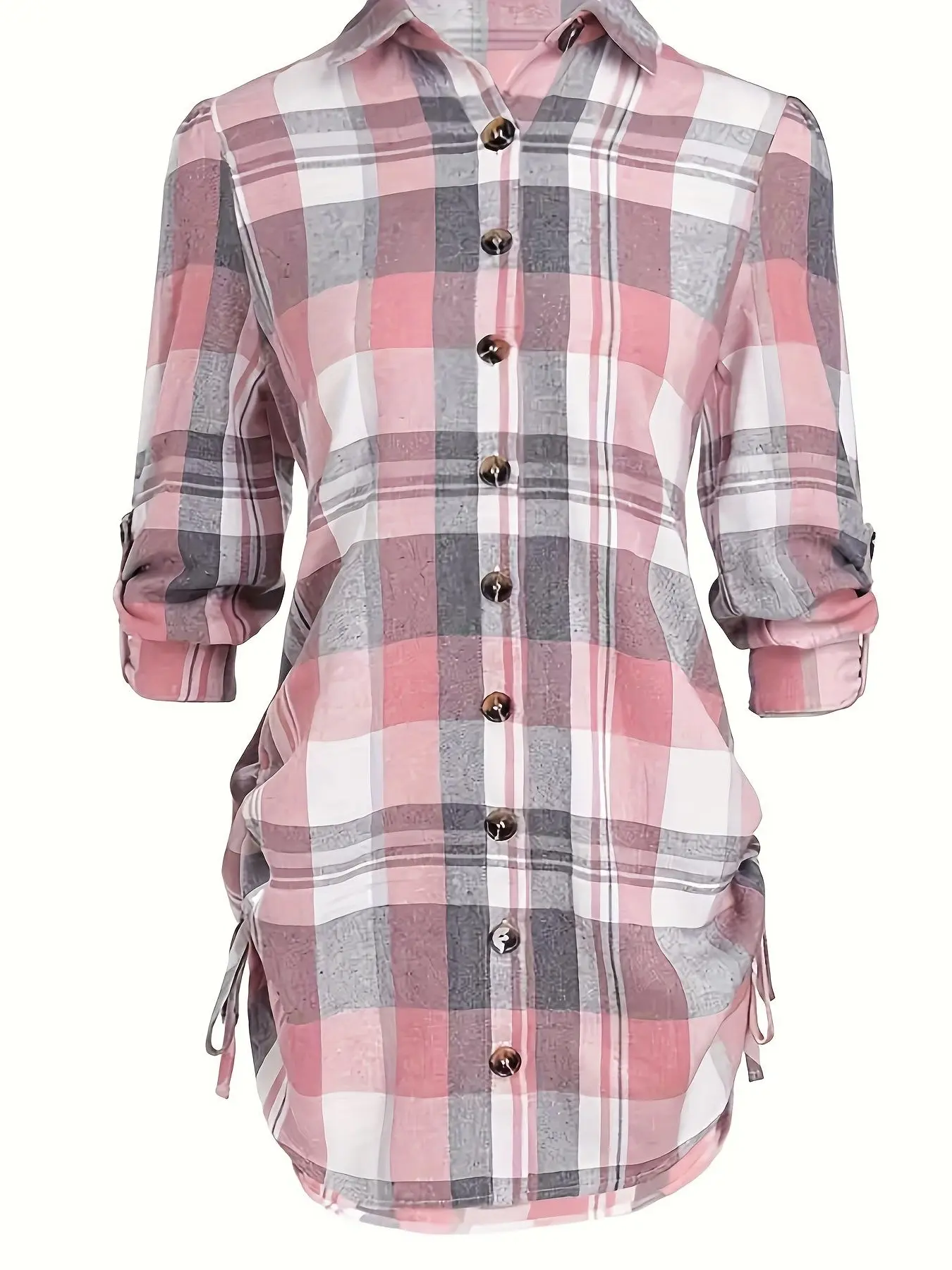 A women's pink plaid lapel rolled cuff drawstring dress, casual, fashionable, and versatile, suitable for spring and summer, ideal for daily casual wearmmuting, and going out, Casual Elegant Dresses