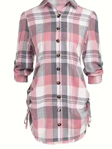 A women's pink plaid lapel rolled cuff drawstring dress, casual, fashionable, and versatile, suitable for spring and summer, ideal for daily casual wearmmuting, and going out, Casual Elegant Dresses
