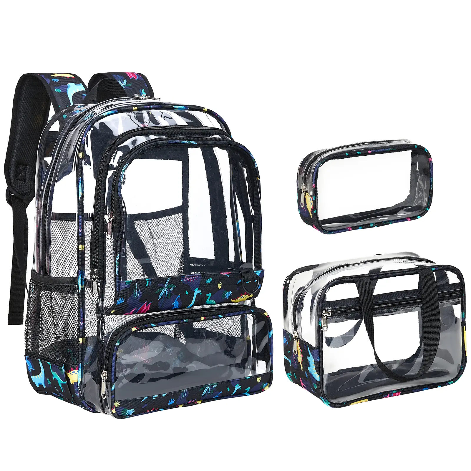 Vorspack 3Pcs Clear Backpack Set for Girls Boys - Heavy Duty Clear Bookbag with Lunch Bag Pencil Case for School, College, Work, Concert - Black Dino