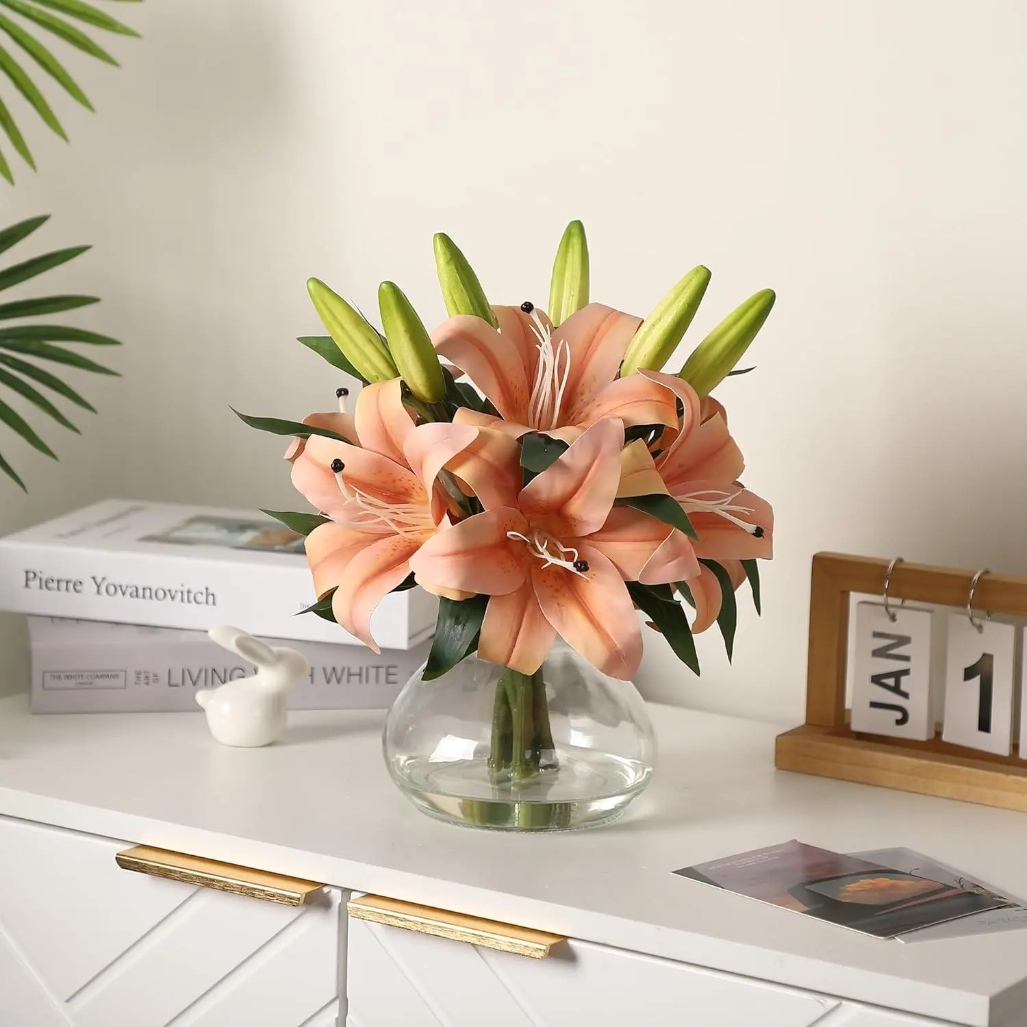 6-Pack Realistic Silk Lilies Artificial Flowers with Glass Vase – Lifelike Faux Lily Bouquet for Home Wedding Office Decor,No Maintenance,Bendable Stems,Ready-to-Display-Orange