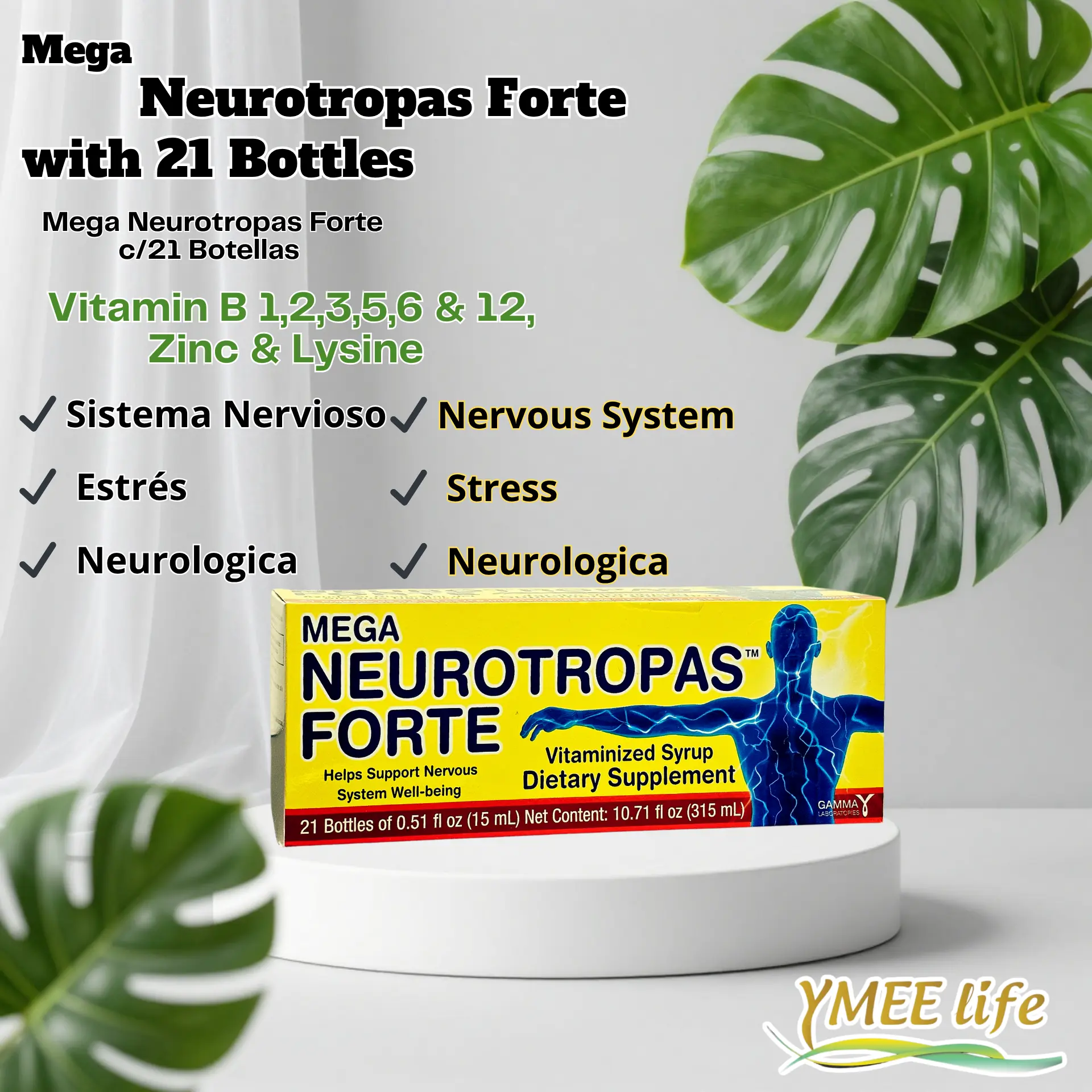 Mega Neurotropas Forte Nervous Support Syrup, 21-Ampoule Vitamin Supplement - Brain Memory and Mood, Memory & Focus, Multi-B Vitamins, Brain Memory And Mood Vitamins Supplements