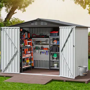 DWVO 8x6 FT Heavy Duty Storage House Outdoor Storage Shed Large Metal Tool Sheds, White / Black / Brown