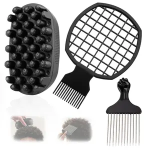 3Pcs Freeform Twists Kit， Silicone Curling Hair Brush & Metal Afro Pick Hair Comb Set – Durable Washable Curl Sponge for Black Men, Natural Hair, Dreadlocks, Coils & 4C Afro HairStyling Tool