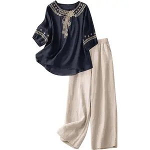 2 Piece Lounge Sets for Women Summer Fall 2025 3/4 Sleeve Embroidered and Capri Pants Cotton Linen Matching Set