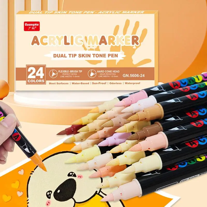 Professional Art Supplies, Guangna Dual-Ended Acrylic Markers, Soft & Hard Tips, 24 Colors, DIY Skin Tone Painting, Halloween Christmas Use