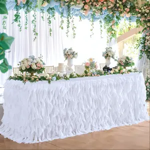 White Tutu Table Skirt for Rectangle Round Tables Chiffon Tulle Curly Ruffle Tablecloth with Wrinkle-Resistant Lining for Wedding Party Decor 6ft 9ft