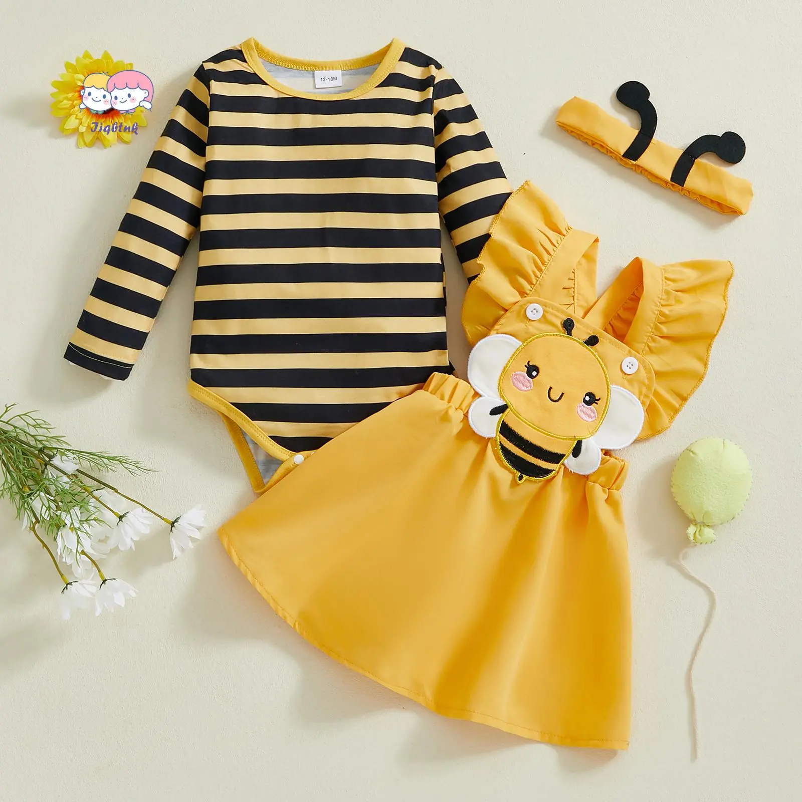 Baby Girls Autumn Skirt Sets Flying Sleeve Romper Bee/Beetle Embroidery Suspender Dress Headband Sets