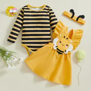 Baby Girls Autumn Skirt Sets Flying Sleeve Romper Bee/Beetle Embroidery Suspender Dress Headband Sets
