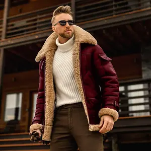 Men's Shearling Aviator Jacket, Genuine Leather with Faux Collar and Cuffs, Winter Warm Outerwear